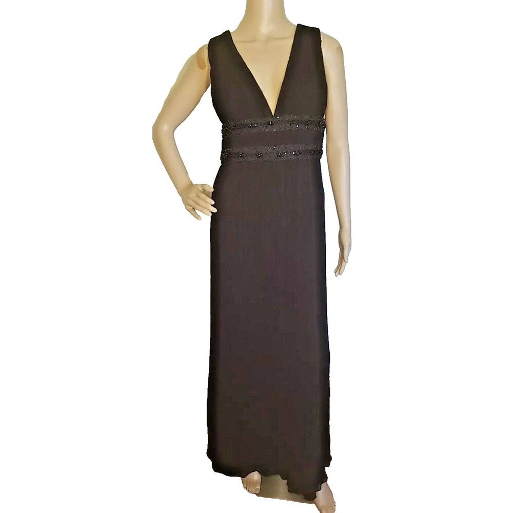 KAY UNGER Black Long Evening Dress 8 Black Sequins Beaded Embellished V neck T11